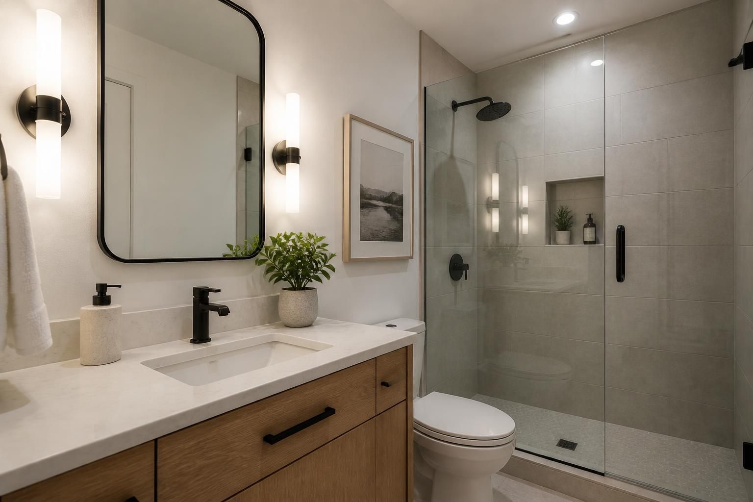Finished modern bathroom with vanity, tile shower, and clean fixtures.