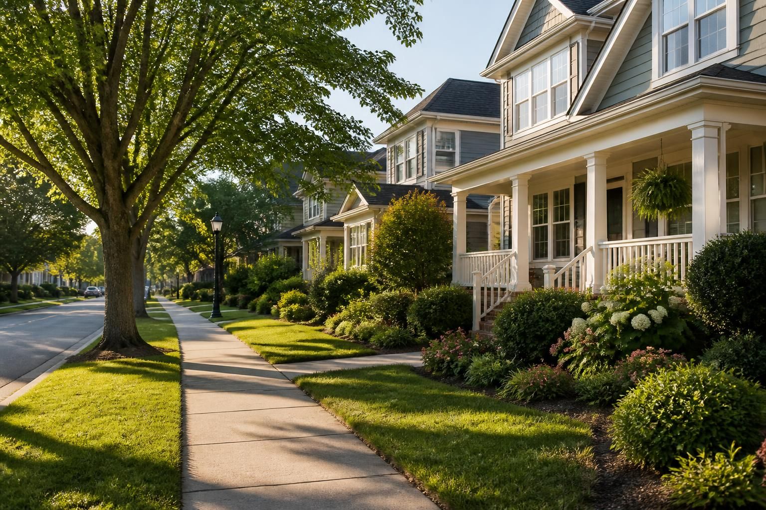 Residential neighborhood with clean sidewalks and maintained homes.