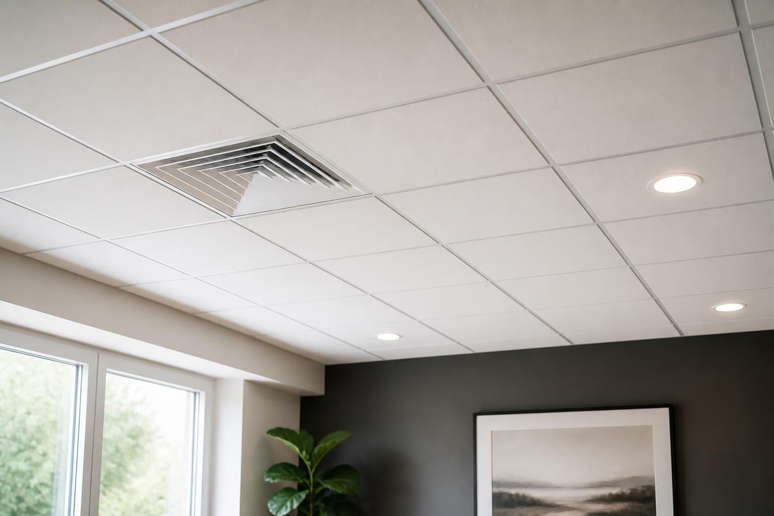 Neatly installed ceiling tiles with clean grid alignment.