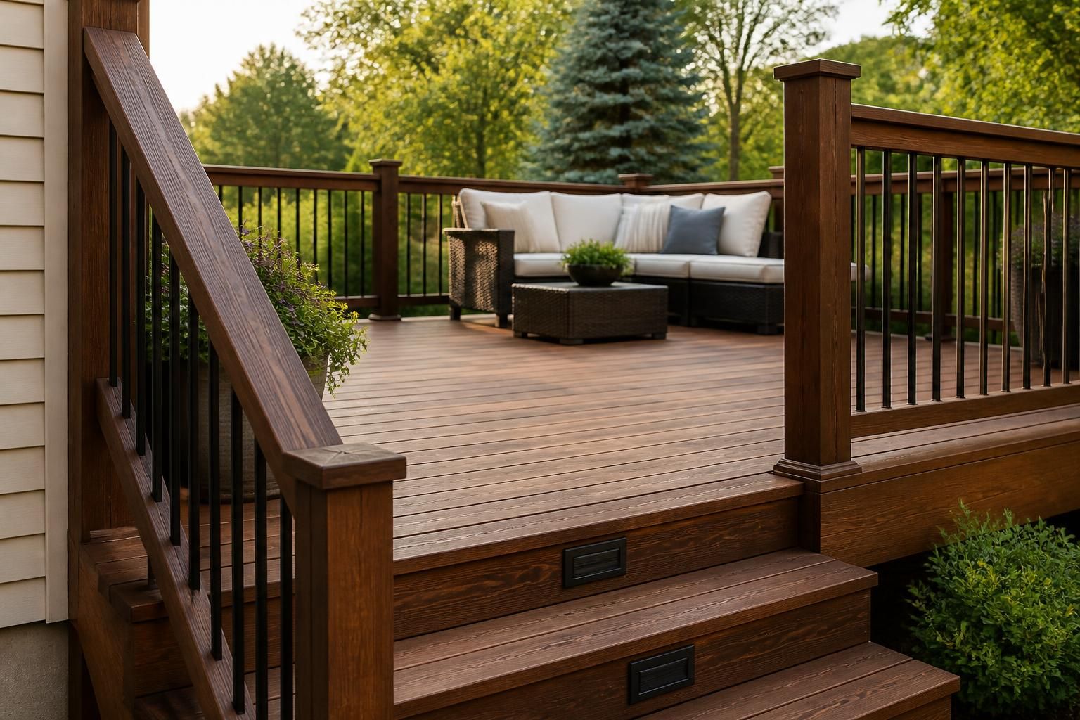 Completed wooden deck with clean railings and natural stain.