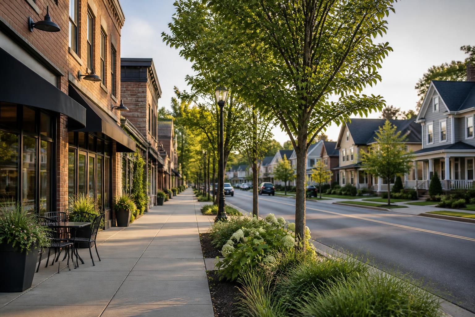 Suburban streetscape with well-kept buildings and greenery.