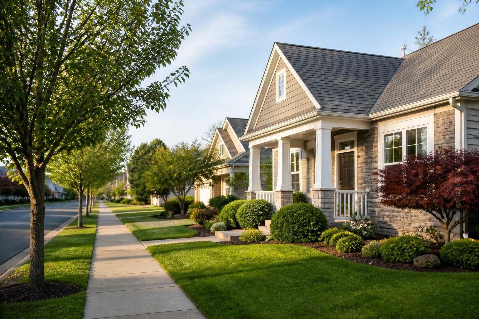 Calm suburban street with maintained homes and tidy lawns.