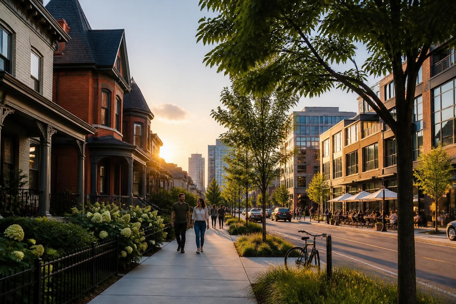 Urban neighborhood with restored homes and modern buildings.