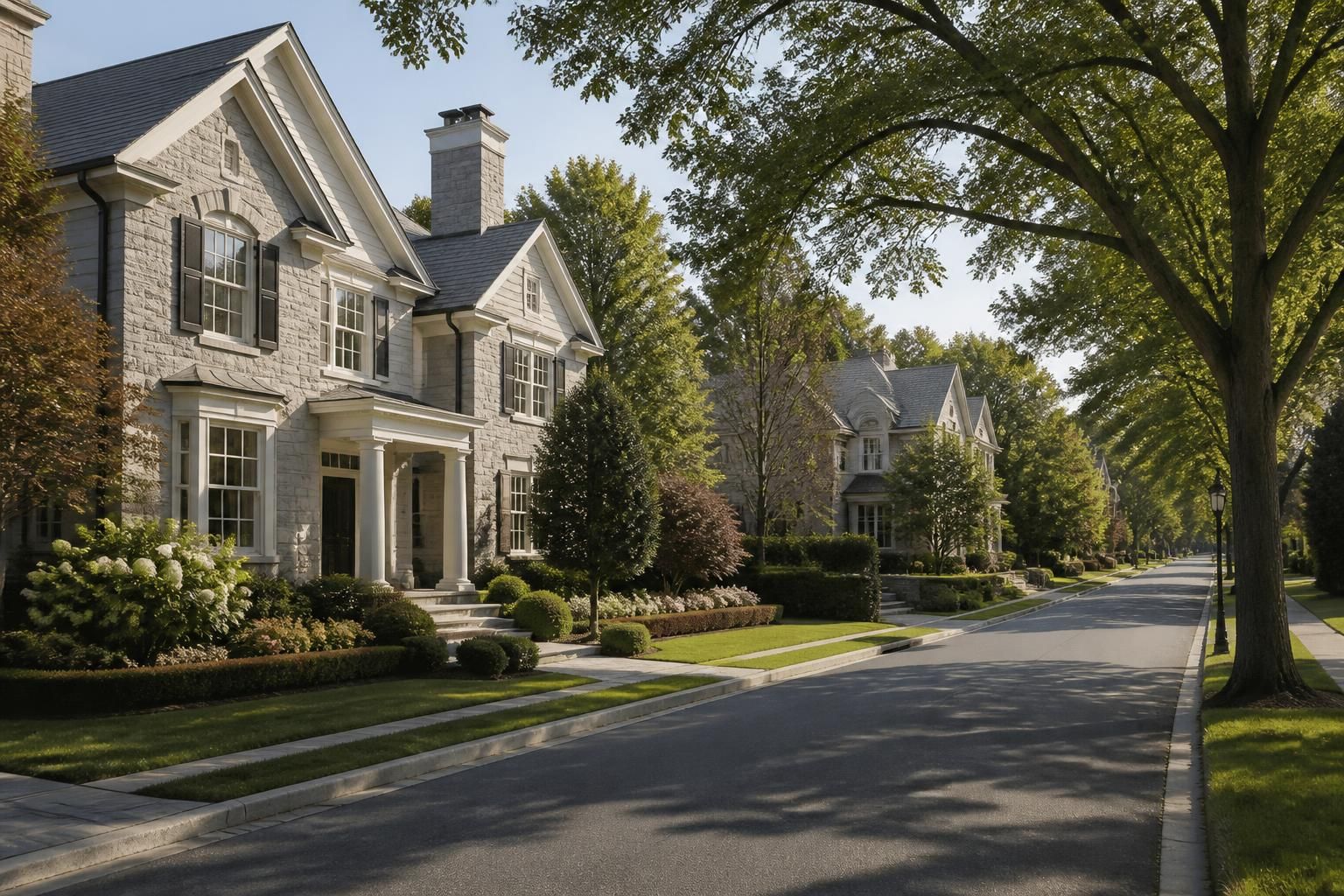 Upscale neighborhood with elegant homes and manicured greenery.