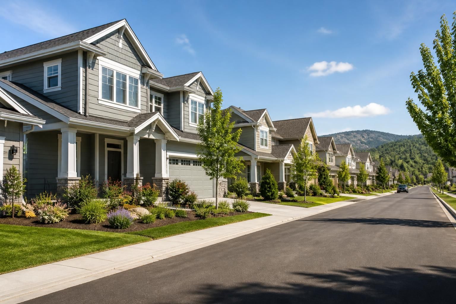 Suburban neighborhood with newer homes and landscaped yards.