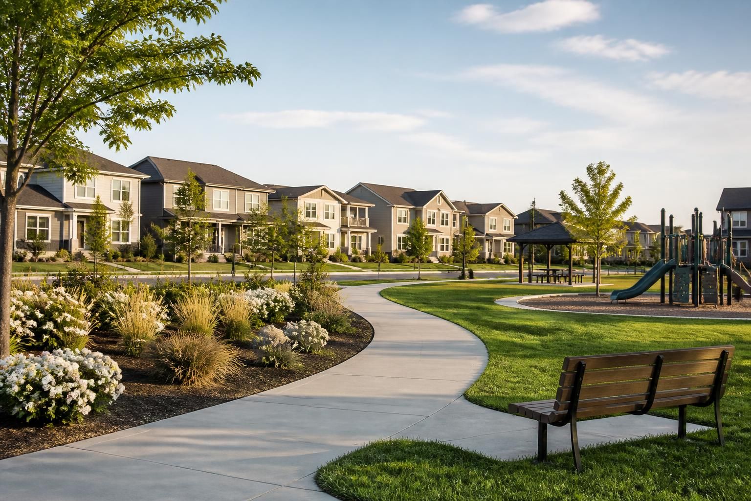 Planned community with modern homes and landscaped areas.