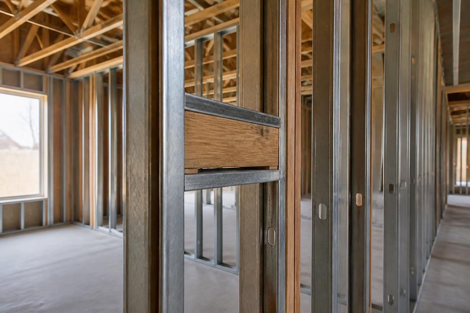 Finished metal and wood framing inside a new home build.