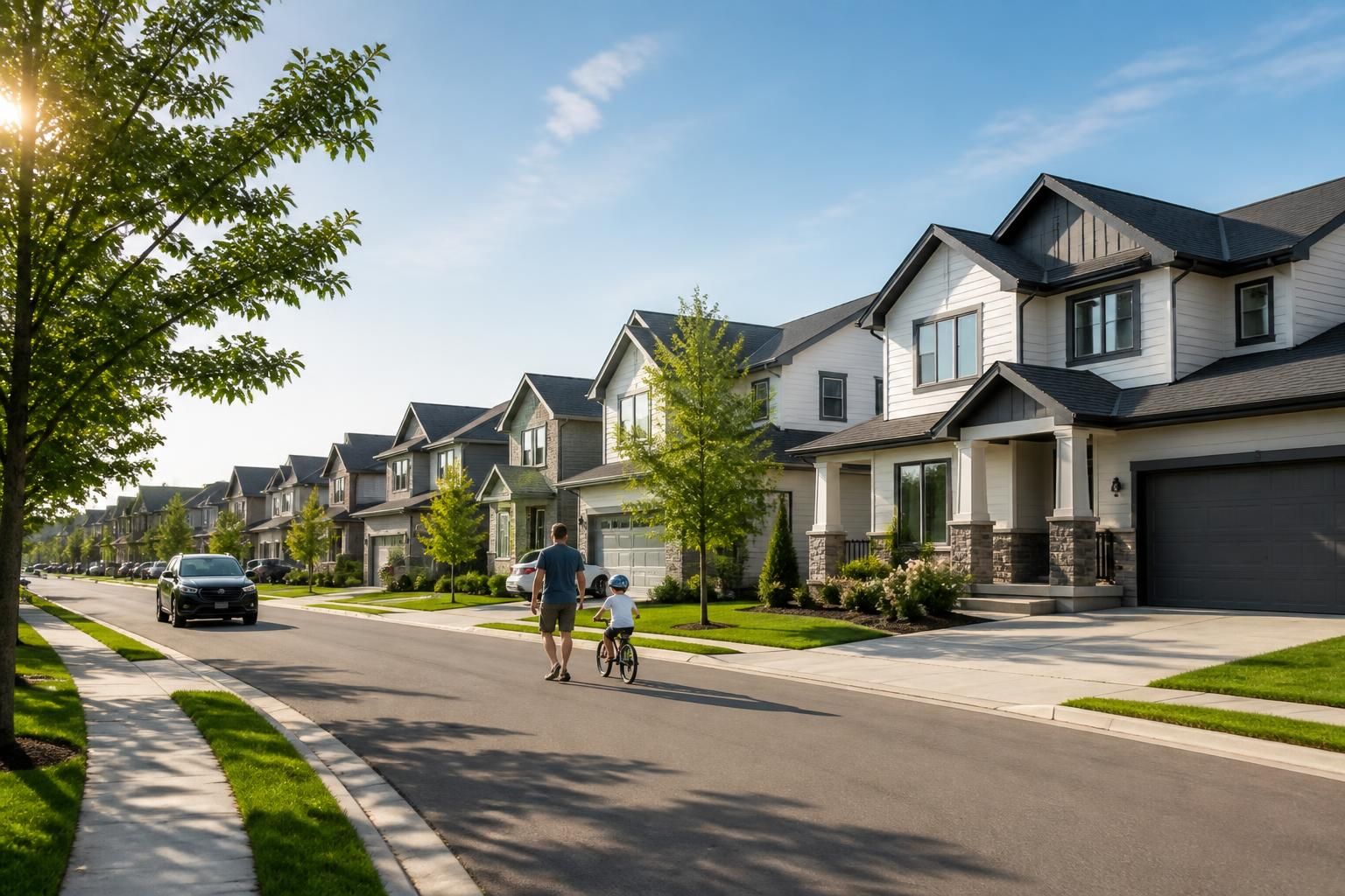 Family neighborhood with modern homes and clean driveways.