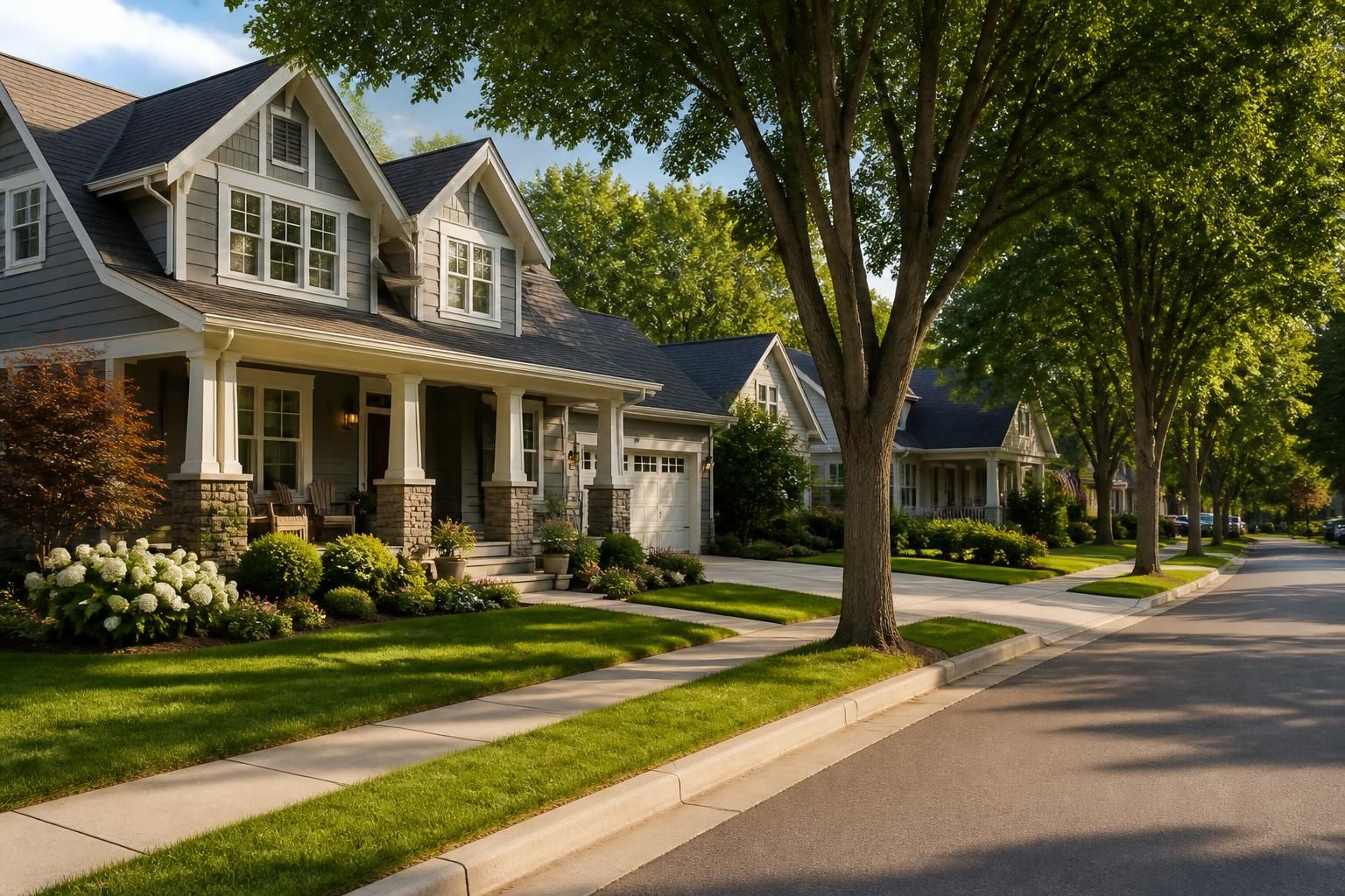 Welcoming residential neighborhood with well-kept homes and trees.