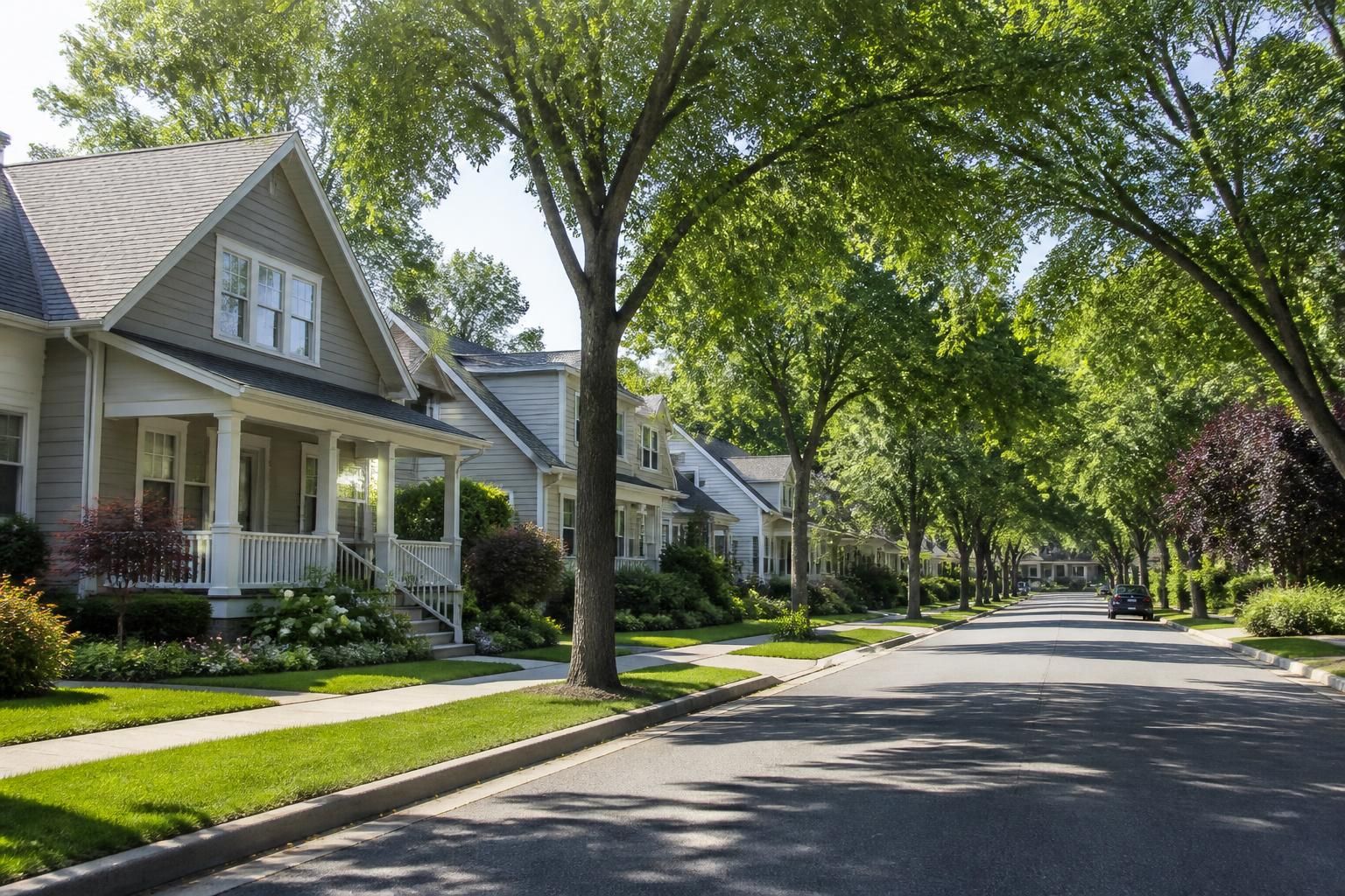 Tree-lined suburban street with peaceful residential homes.